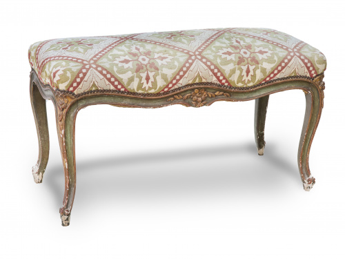 Banqueta de estilo Luis XVI de madera tallada, dorada y pol