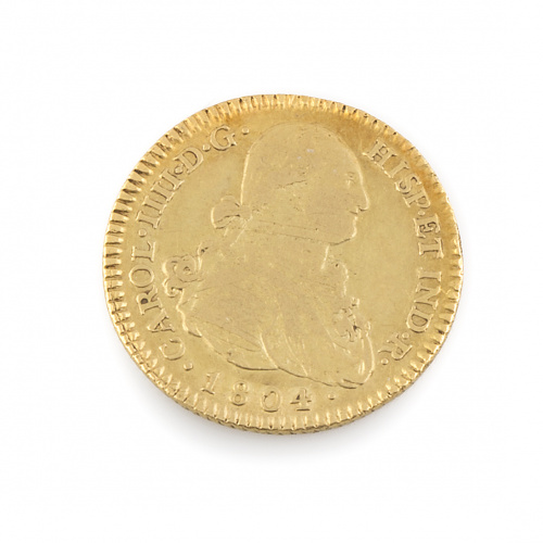 Moneda de 2 escudos en oro de Carlos IV de 1804 .M. FA.