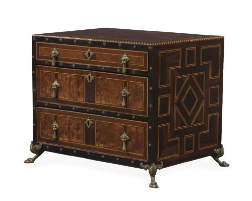 Papelera de madera de raíz y marquetería geométrica de limo