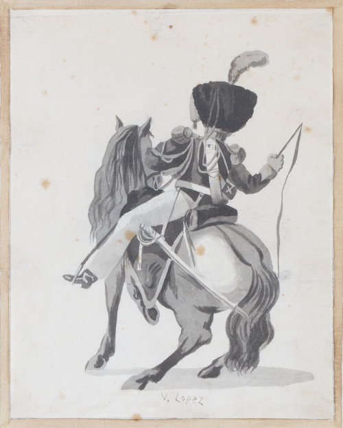 V. LÓPEZ (Escuela española, h. 1830)Húsar a caballo, de e