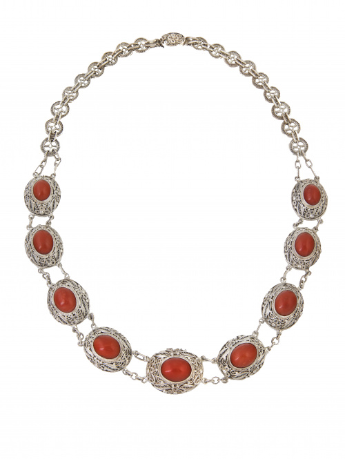 Conjunto de collar y pulsera de cabuchones de coral en maco