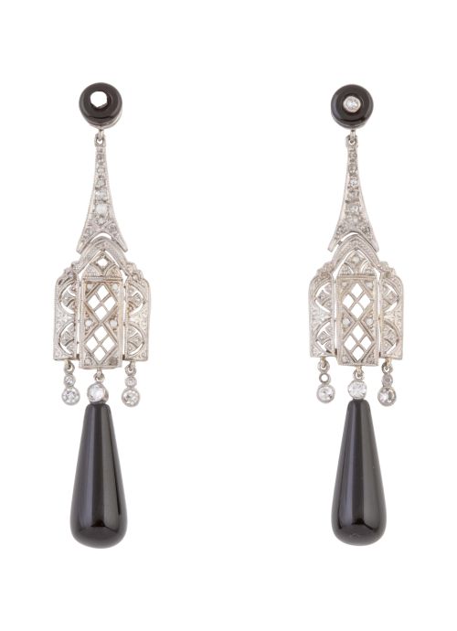 Pendientes largos Art-Decó de diamantes con perilla colgant