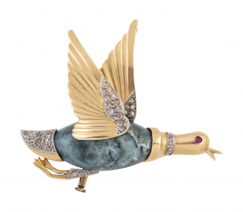 Broche años 50 en forma de pato volador de oro y diamantes 