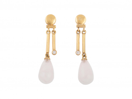 Pendientes largos con perillas de cuarzo rosa y chatón de b