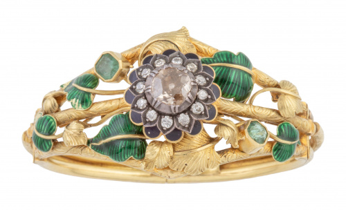 Brazalete naturalista S. XIX con brillantes, esmeraldas y h