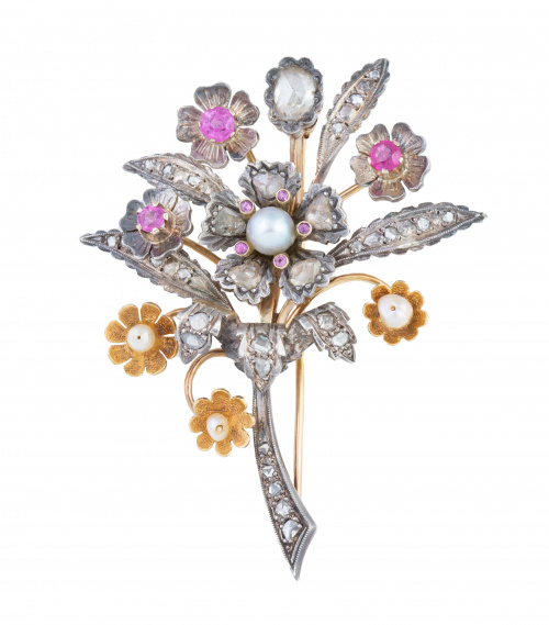 Broche ramo de pp. S. XIX con diamantes de talla rosa, rubí
