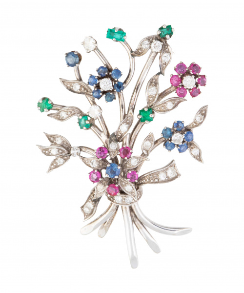 Broche ramo tutti -frutti con brillantes, rubíes, zafiros y