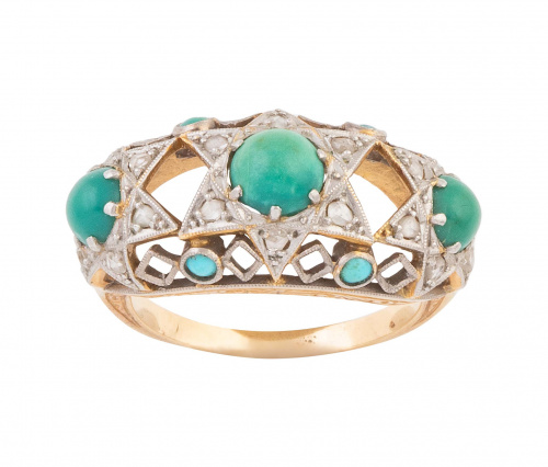 Sortija años 30 con estrellas de brillantes y turquesas de 