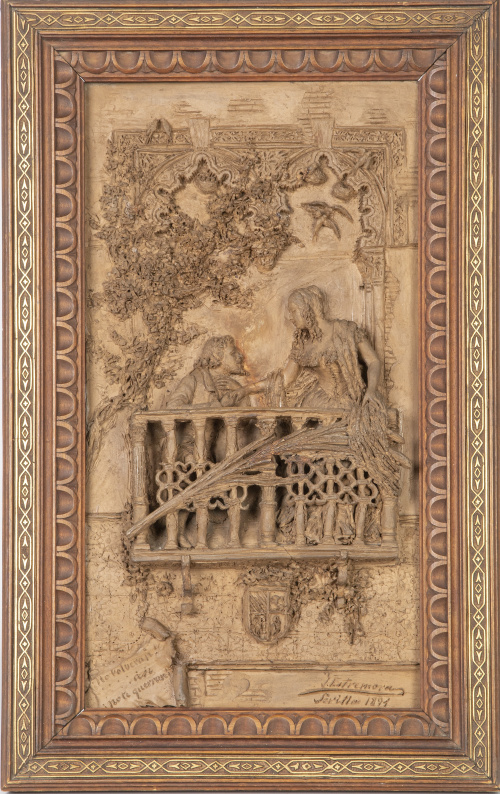 "Escena galante".Placa de barro cocido.Firmada y fechad