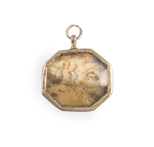 Medalla devocional con marco de plata y dos vitrales, anver