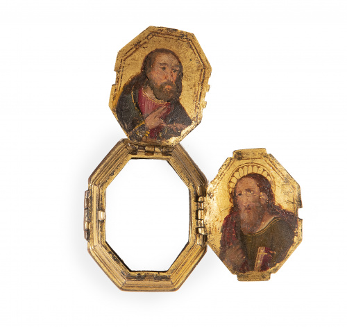 Caja de relicario de metal dorado con dos tapas con santos 
