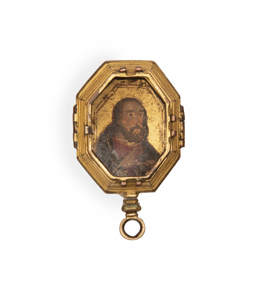 Caja de relicario de metal dorado con dos tapas con santos 