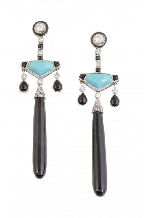 Pendientes largos estilo Art-Decó con perillas de ónix, col