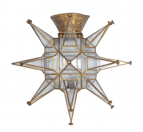 Farol de techo en forma de estrella de metal dorado y crist