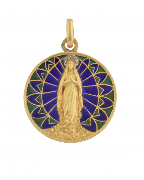 Medalla circular colgante c.1920 con Virgen y esmalte pliqu