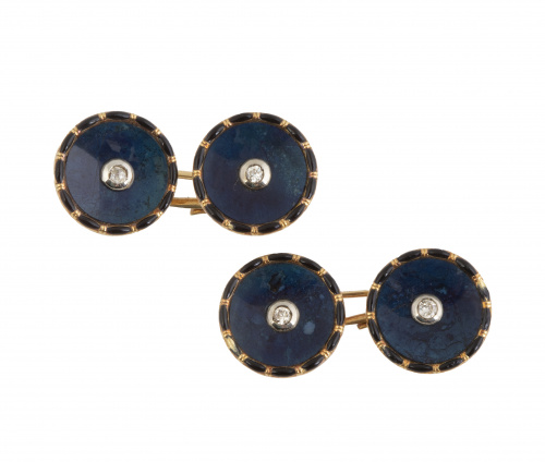 Gemelos dobles Art-Decó circulares con brillante en chatón 