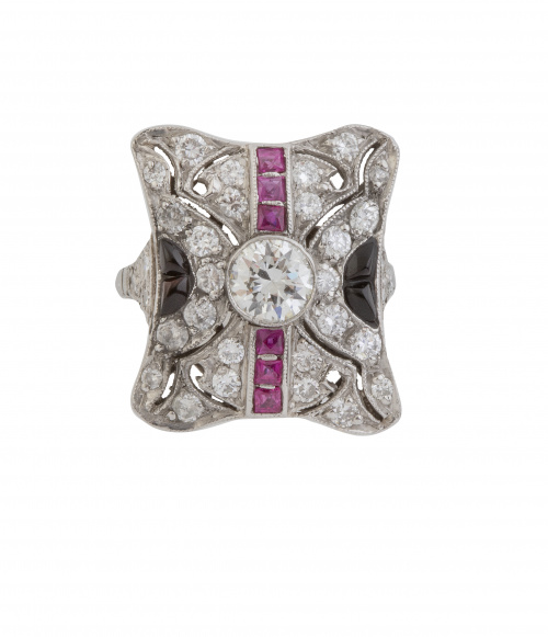 Sortija lanzadera estilo Art-Decó de diseño cuadrangular de