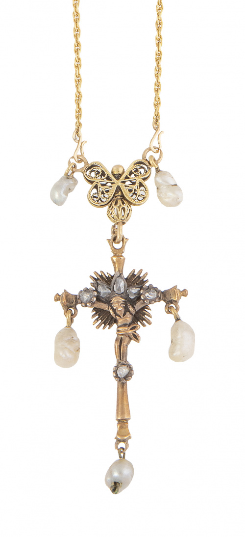 Crucifijo colgante S. XVIII-XIX  con diamantes y perlas bar