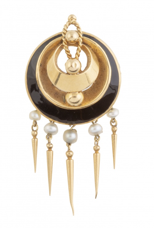 Broche circular con media luna de esmalte negro del que pen