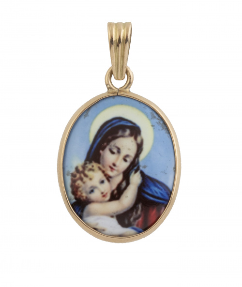 Colgante de Virgen con el Niño en porcelana S.XIX con marco
