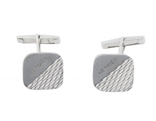 Gemelos rectangulares HERMES en plata con decoración de pun
