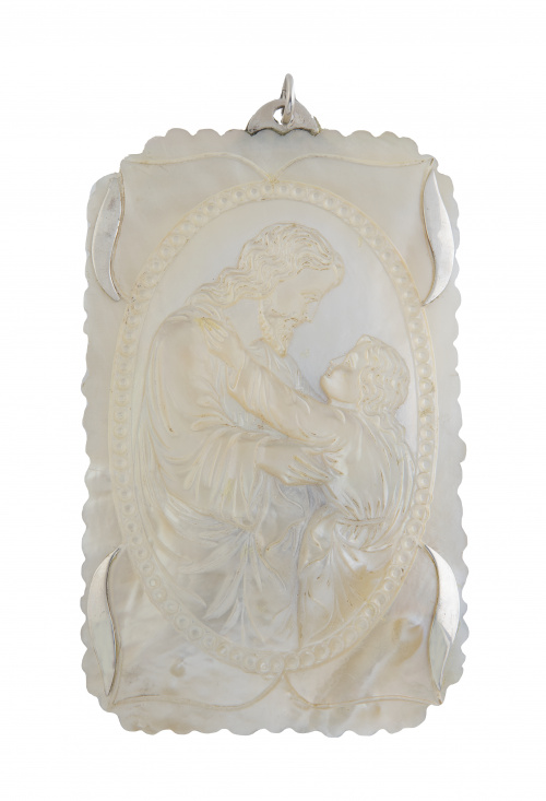 Placa de nacar con San José y Niño Jesús