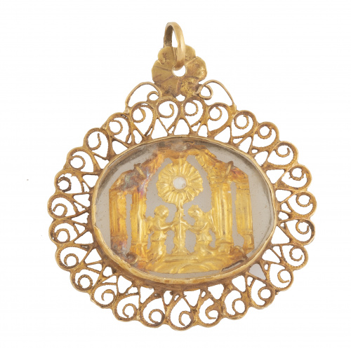 Colgante relicario oval S. XVIII-XIX con dos ángeles sosten