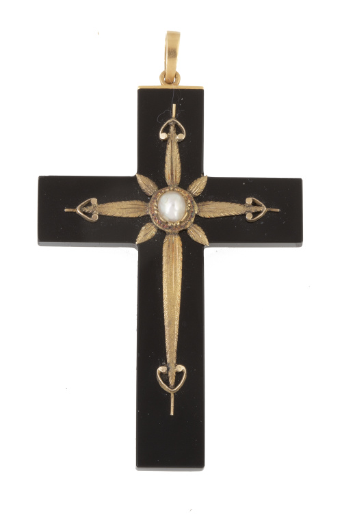 Cruz colgante S. XIX de ónix con cruz central aplicada en o