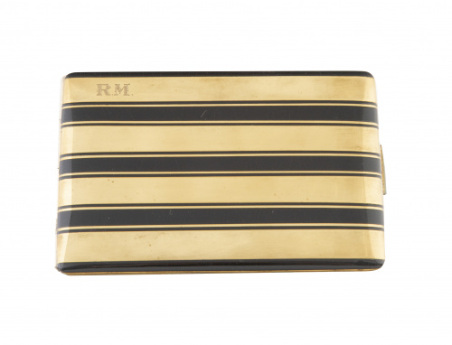 Pitillera de metal dorado Art-Decó con bandas esmaltadas en