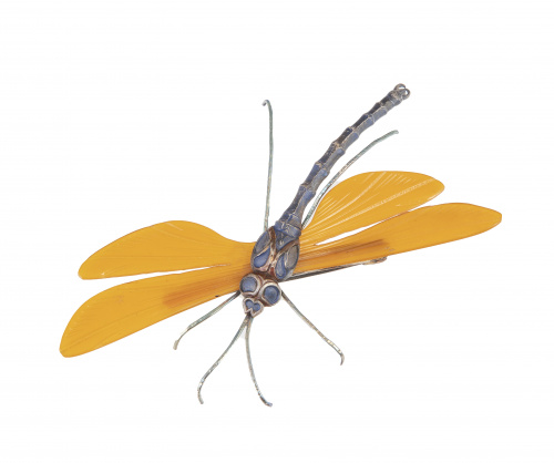 Broche libélula Art-Decó  en plata y baquelita