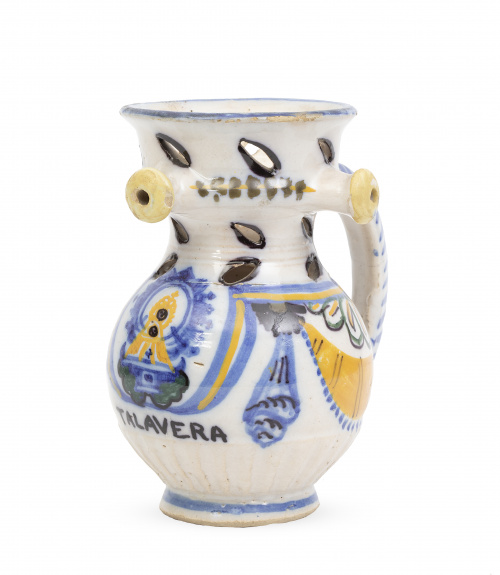 Jarra burladera de cerámica esmaltada con la Virgen del Pra