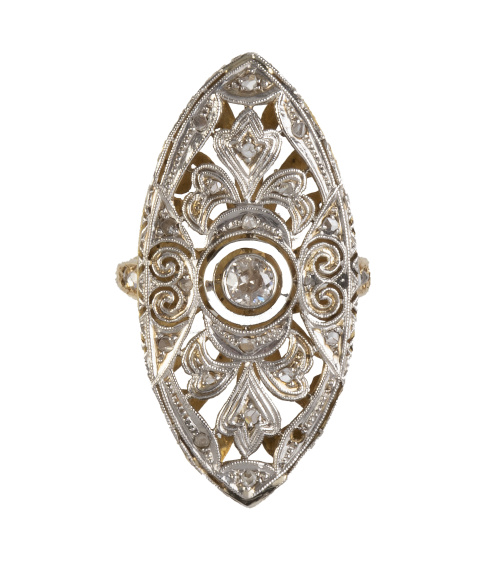 Sortija lanzadera Art-Decó con brillante central, de diseño