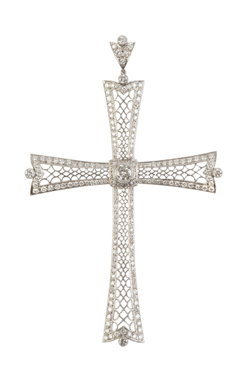 Gran cruz colgante estilo Art-Decó de brazos calados con ma