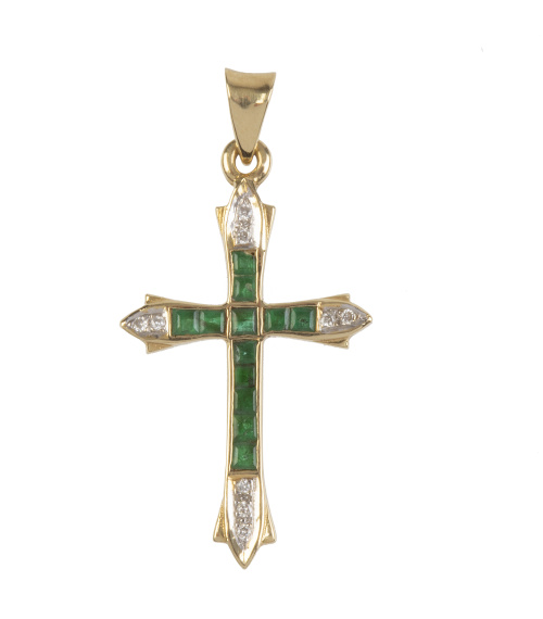 Cruz colgante con esmeraldas y brillantes como remate lobul