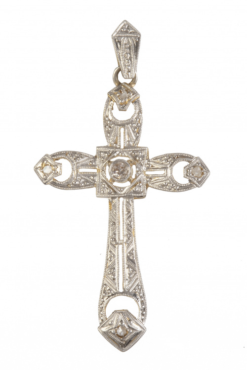 Cruz colgante Art-Decó calada, con diamantes y un brillante