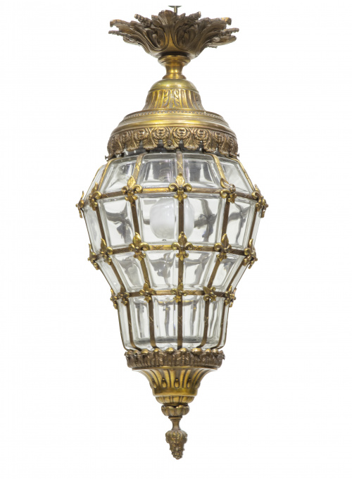 Farol de bronce y cristal, rematado por pinjante.España, 