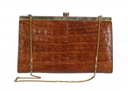 Bolso de piel de cocodrilo años 60 color camel con cadena 