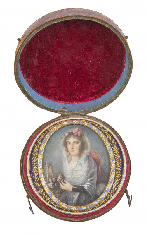 Caja redonda de oro y esmalte ff. S. XVIII con miniatura de