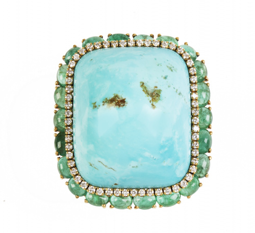 Gran sortija con turquesa en cabuchón central orlada de bri