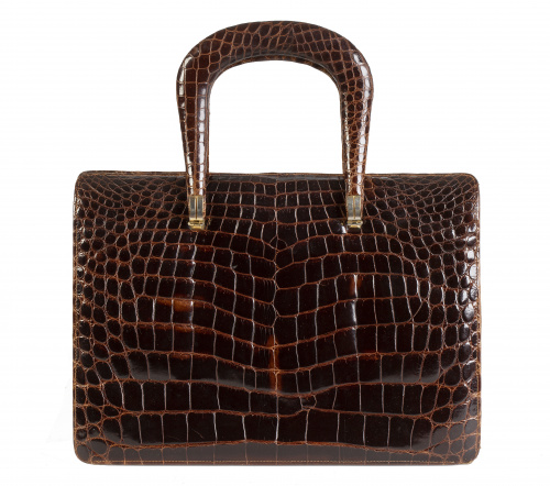 Bolso de piel de cocodrilo brillante marrón años 60 con dos