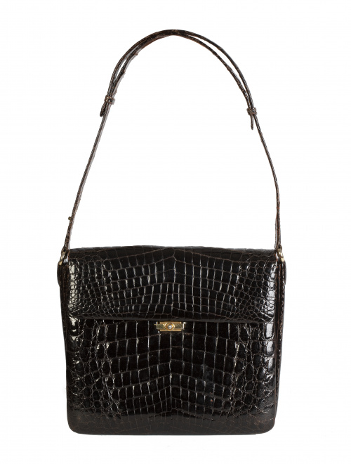 Bolso de piel de cocodrilo años 60 negro con asa larga