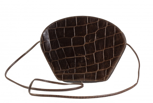 Bolso de piel de cocodrilo marrón oscuro con asa de piel ex