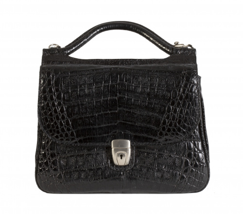 Bolso de piel de cocodrilo negro con asa corta y larga