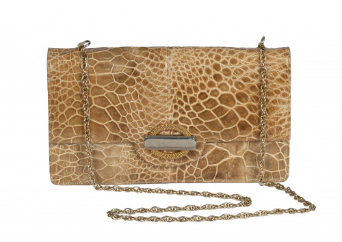 Bolso de piel de cocodrilo años 70 tipo clutch color beige,