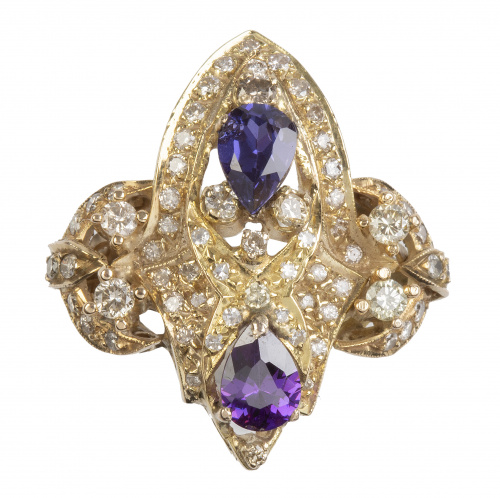 Sortija lanzadera con amatistas talla pera y brillantes com