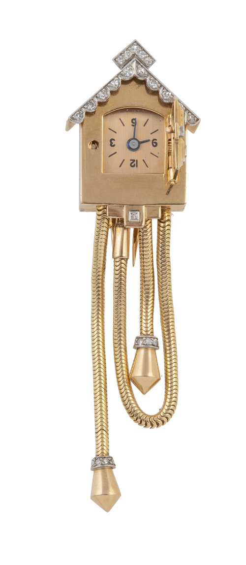 Broche reloj de cuco UTI, francés, ff. años 40 de oro y bri