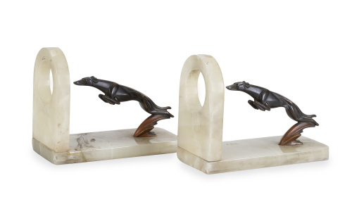 Pareja de sujeta libros art-decó en bronce y ónix decorados