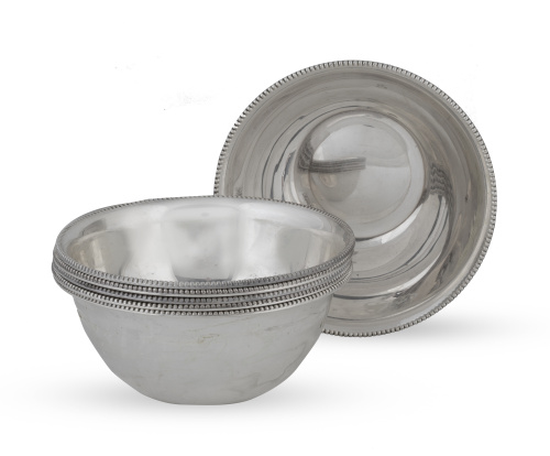 Juego de seis lavafrutas de plata con remate de contario, l