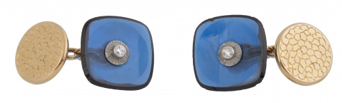 Gemelos retro con cuadrangular piedra azul y chatón de bril