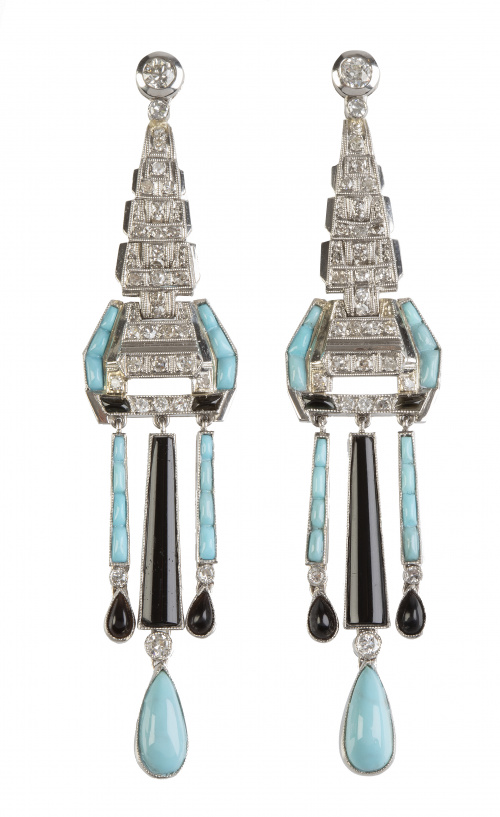 Pendientes largos estilo Art-Decó de brillantes, turquesas 